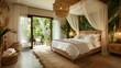 Tropical paradise bedroom with palm leaf wallpaper, rattan furniture, and a canopy bed draped in sheer curtains.