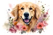 Golden retriever in flowers in watercolor technique. Print for clothes and cups