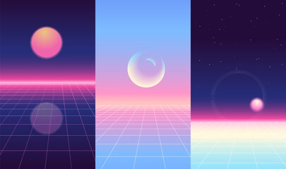 Wall Mural - Trendy Retro 80s, 90s backgrounds set with laser grid, space, sum and moon. Neon sci-fi abstract backdrop templates collection. Vector illustration