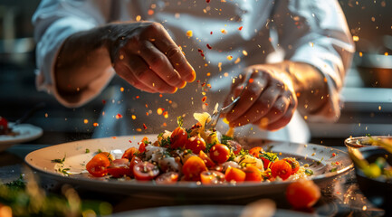 Wall Mural - Chef garnishing an elegant dish with precision, adding tomatoes to an artful presentation, ai generated