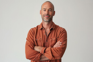 Wall Mural - Confident Businessman in Casual Terracotta Shirt Posing with Arms Crossed Against a Plain Background