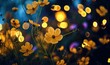 Blurry flowers, bokeh shaped like flowers, blurred lights, depth of field, blurred flower background, yellow flowers on a dark background, Generative AI