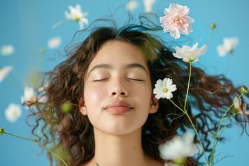 beautiful girl with closed eyes on blue background surrounded by flying flowers. concept for allergy treatment, enjoyment of spring, for cosmetics advertising