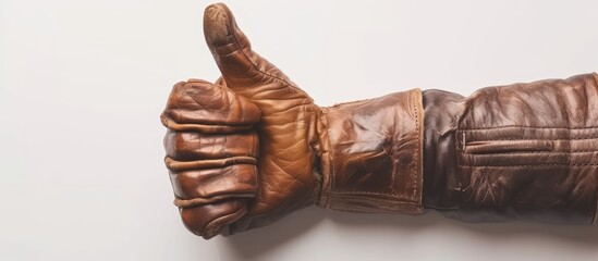 A brown leather glove is depicted giving a thumbs up gesture on a white background. The glove is detailed with stitching and a textured surface, emphasizing the realistic appearance.