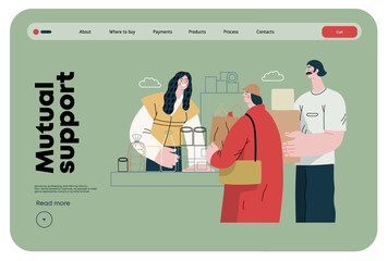 Mutual Support: Bringing groceries to food bank -modern flat vector concept illustration of people donating food to food pantry A metaphor of voluntary, collaborative exchanges of resource, services