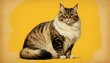 A vintage-style rendering of an old Maine cat, with its big and fluffy coat with yellow background generative ai