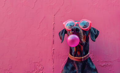 Wall Mural - Doberman dog blowing bubble gum while sporting neon goggles. Against a dynamic backdrop, elegance with modernity. Banner for style and individuality, ideal choice for projects, from adv to social