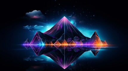 Wall Mural - mountain landscape, geometric shapes, neon lights, aurora borealis.