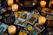 © svf74 - Tarot cards lie scattered and spread across a table top surrounded by candles and occult items.Generative AI