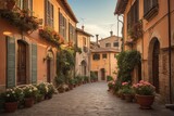Fototapeta Uliczki - a narrow cobblestone street lined with potted plants, narrow and winding cozy streets, fantasy italy, running through italian town, baroque winding cobbled streets. 