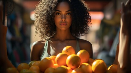 Wall Mural - Close-up portrait of inquisitive frutera expertly peeling ripe orange