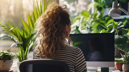 Beautiful woman with long curly hair in a modern office environment