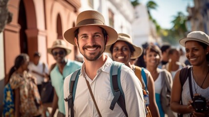 Canvas Print - Tourism specialist coordinates diverse group tour