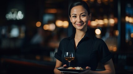 Canvas Print - Diligent server holds tray of cocktails in busy bar