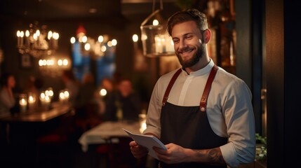 Canvas Print - Smiling waiter serves menu in candlelit bistro