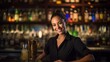 Portrait of detail-oriented female bartender amidst colorful bar ingredients
