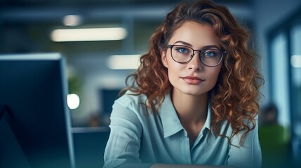 Wall Mural - Focused linguist in early 20s sits at desk with computer under daylight