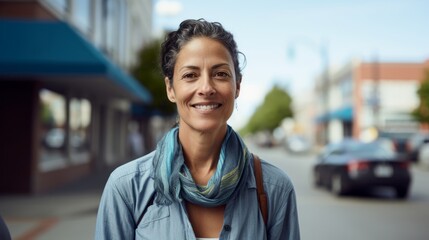 Wall Mural - Resilient sociolinguist conducts interviews in diverse urban neighborhood blue-toned ambiance