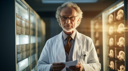 Canvas Print - Seasoned psycholinguist holds brain scan images in lab setting warm hues