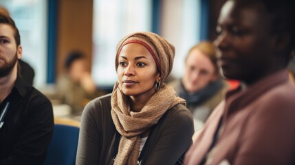 Canvas Print - Close-up of determined sociolinguist leading diversity workshop soft lighting