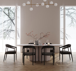 Wall Mural - Minimal modern home, living room and dining room design, dining area on bright interior background, 3d render