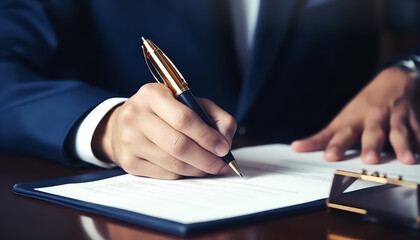 Wall Mural - Man signing important document in suit hand and pen close-up