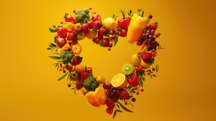 flying Vegetables and fruits in the shape of a heart on yellow background. Concept of healthy eating, vegetarianism, health care, health day