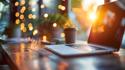 A laptop computer sitting on a wooden desk with lights in the background, AI
