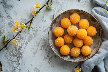 Wall Mural - Fresh Citrus Oranges in Rustic Bowl with Spring Blossoms