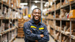 © ImageFusion - Handsome and Happy Professional Worker Wearing Safety Vest and Hard Hat Smiling with Crossed Arms on Camera. In the Background Big Warehouse with Shelves full of Delivery Goods. AI Generative