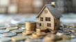 A miniature house surrounded by stacks of coins against a blurred background, illustrating the concept of real estate investment, property value growth, and financial planning.