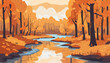 Frühlingshafte Flusslandschaften für Banner, Websites, soziale Medien. Bearbeitbare Vektorillustration mit wunderschöner Frühlingslandschaft, orangefarbenen und gelben Bäumen am Ufer und im Wald