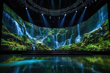 Earth day concept showing in hall on large screen with a waterfall on it, projection mapping, beautiful environment, giant led screens, avatar landscape. 