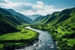 Beautiful landscape with a mountain river among the green slopes of the mountains, travel and tourism concept
