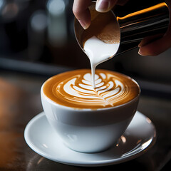 Canvas Print - A close-up of a barista pouring latte art on a cappuccino.