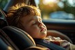 Child sleeping in car seat inside the car. Kid is left alone in car on a hot summer day. Negligence, irresponsibility, overheating concept, Generative AI