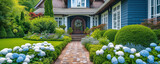 Cozy house with beautiful coniferous garden with blooming hydrangeas and rhododendrons and stone path.