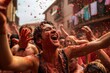 People enjoy the unique atmosphere La Tomatina festival. Young people happily throw tomatoes. Traditional spirited celebration at Tomatina festival in the Valencia region of Spain, Generative AI