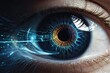 a close up of a person's eye, eye cyberpunk bionics, cybernetic eyes implants, robotic eye, cyborg eyes, cybernetic eye, blue cyborg eyes. 