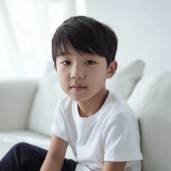 A Little Boy Sits on a Couch and Smiles for the Camera. Fictional Character Created By Generated By Generated AI.