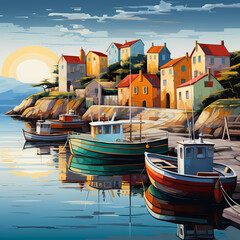 Wall Mural - A tranquil coastal village with colorful fishing boats