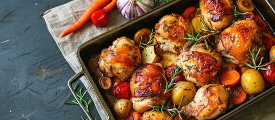 Wall Mural - Chicken and veggies baked together in an oven dish.