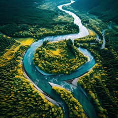 Wall Mural - Aerial view of a winding river through a forest.