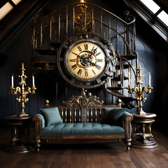 Sticker - Antique clock in a steampunk-themed room.