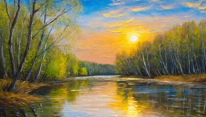 Canvas Print - oil painting landscape river in the spring forest with sunset afternoon