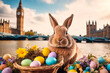 A cute rabbit is sitting next to a basket with colorful eggs. Easter in different cities of the world. london.