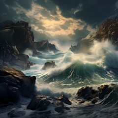 Poster - Dramatic ocean waves crashing against rocks.