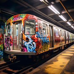 Canvas Print - Graffiti-covered subway train in motion.