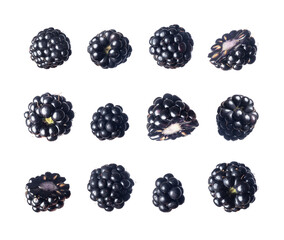 Canvas Print - Set of fresh whole and sliced blackberries isolated on white background