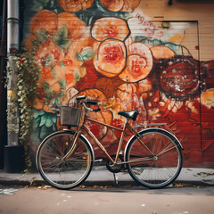 Sticker - Vintage bicycle against a graffiti-covered wall.